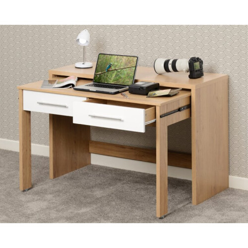 Seconique Seville 2 Drawer Slider Desk White High Gloss/Light Oak Effect Veneer 2