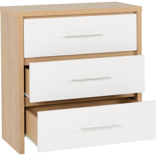 Seconique Seville 3 Drawer Chest White High Gloss/Light Oak Effect Veneer 2