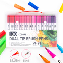 100 Colour Dual Tip Brush Pens Colouring Art Markers Drawing UK