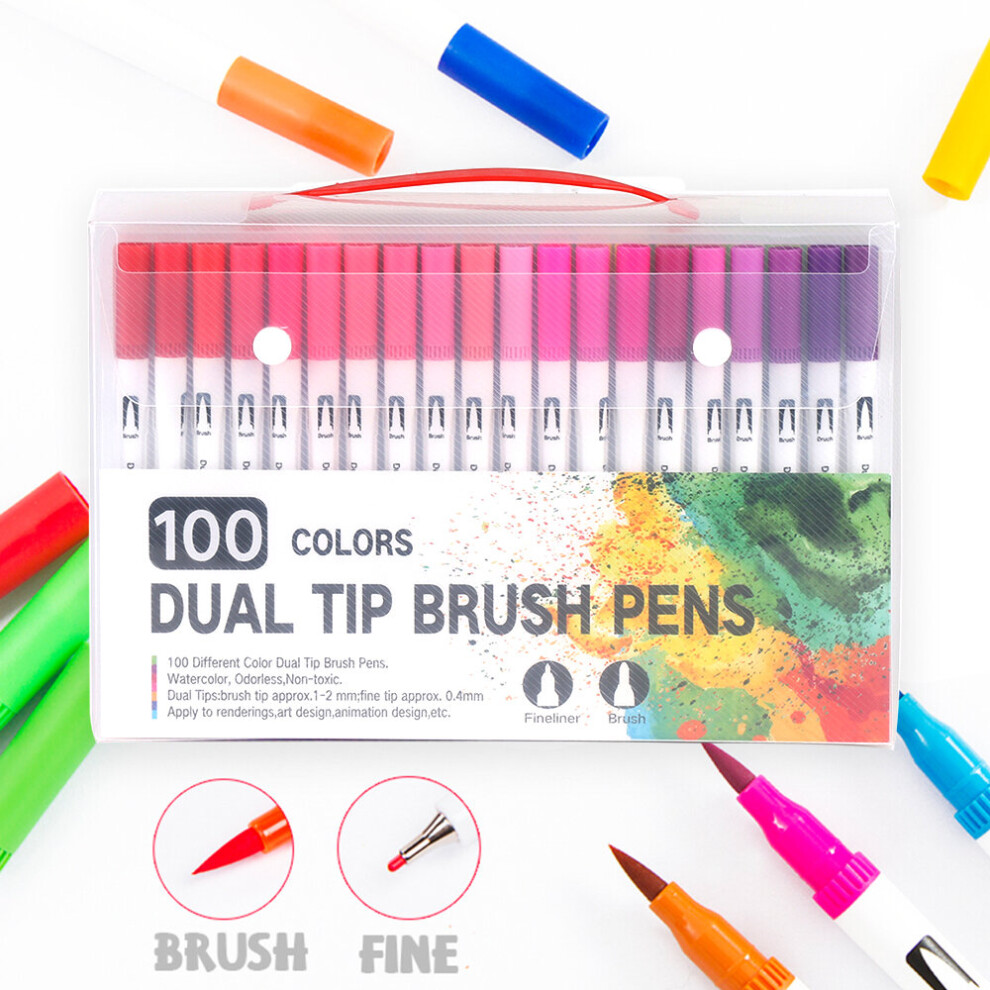 100 Colour Dual Tip Brush Pens Colouring Art Markers Drawing UK