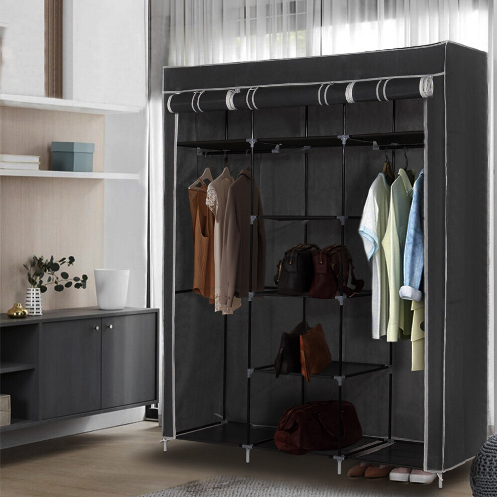 Canvas Wardrobe With Clothes Hanging Rail Shelves Storage Cupboard-image-OPC-P6JQRN9-NEW