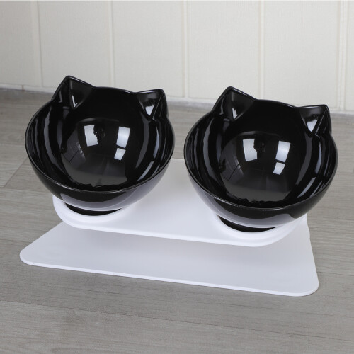 (Black) Double Pet Bowls Cat Dog Food Water Bowl