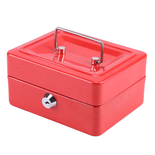 (Red) Key Lock Tin Safe Lockable Small Money Box
