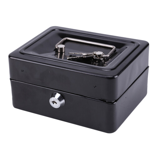 (Black) Key Lock Tin Safe Lockable Small Money Box