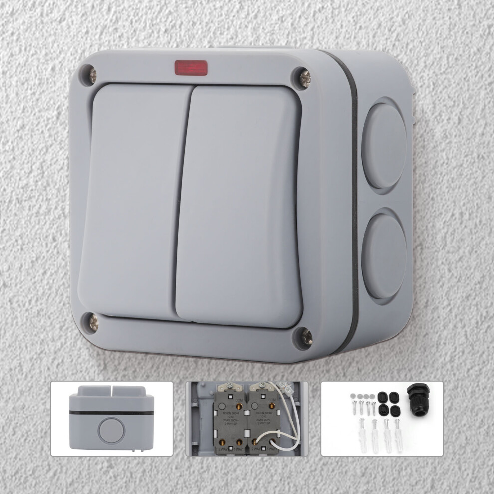 2-Way Outdoor IP66 Weatherproof Double Light Switch - Wall Mounted, 20A, Large Button, Robust & Easy Install