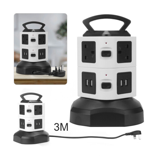 Surge Protected Tower Extension Lead Socket Plug Adapter 4 USB Port UK 1
