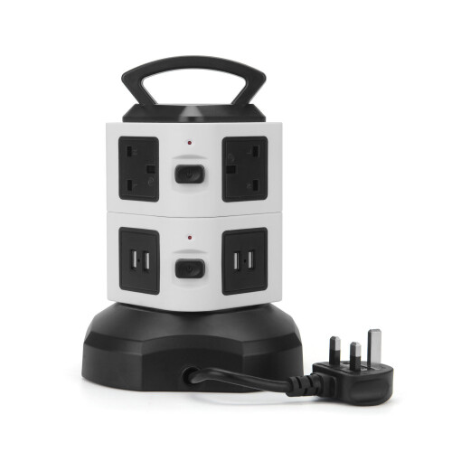 Surge Protected Tower Extension Lead Socket Plug Adapter 4 USB Port UK