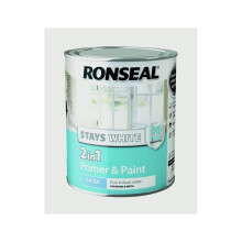 Ronseal Stays White 2in1 Primer & Paint Satin White 750ml (37512) - No Primer Needed, 2 Coats, Drip Resistant, Keeps White 10 Years - Interior Wood