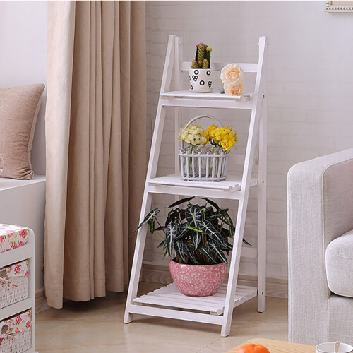Living And Home Wooden Foldable Ladder Bookshelf Plant Stand Storage Rack 1
