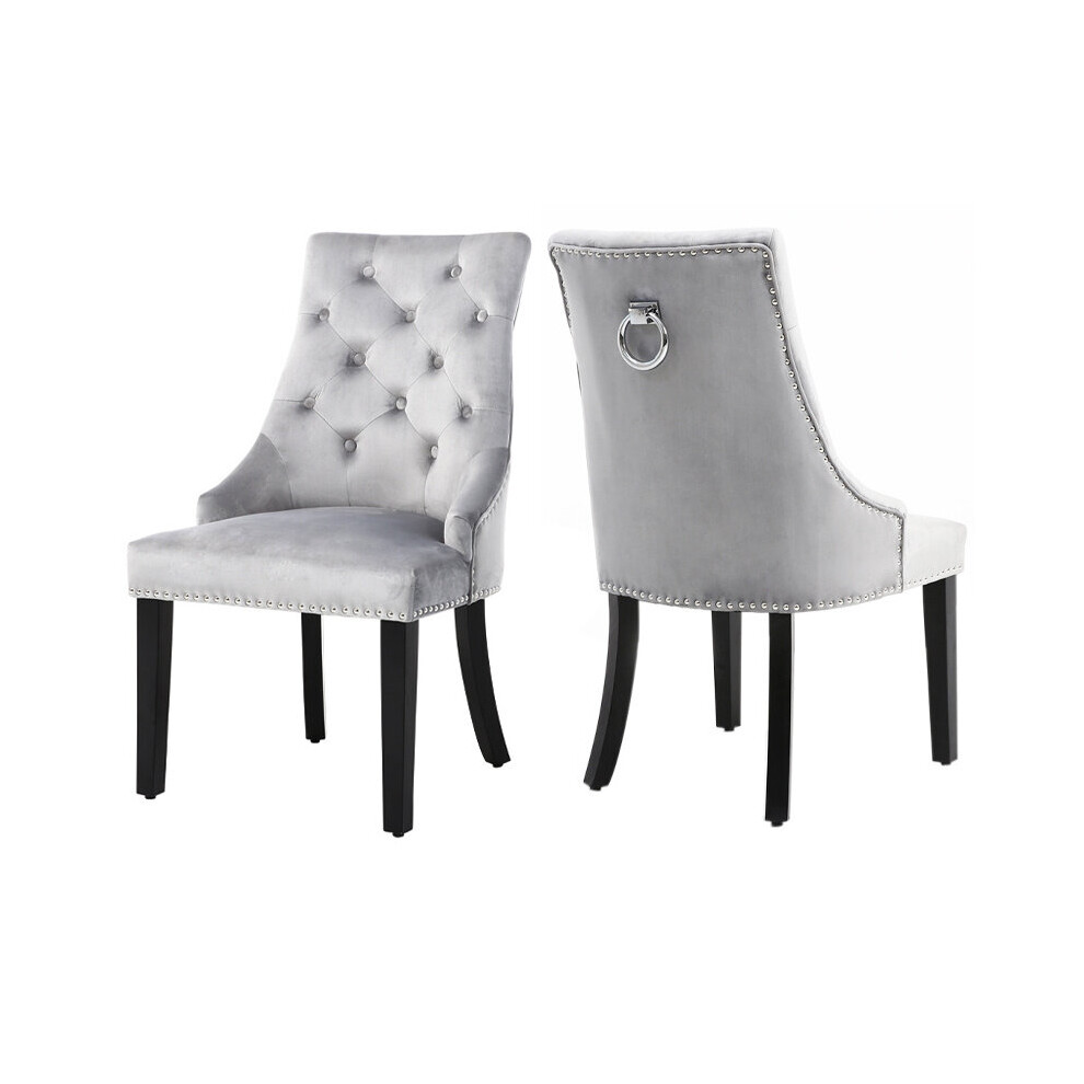 (Light Grey) Set of 2 Velvet Dining Chairs Pull Ring Knocker Back Studded Button Tufted