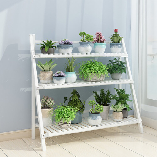 Living And Home (White) 3 Tier Folding Plant Pot Stand Display Step Ladder Shelf