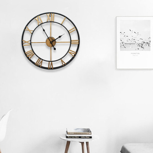 Living And Home 60CM Black Metal Quartz Round Roman Wall Clock 1