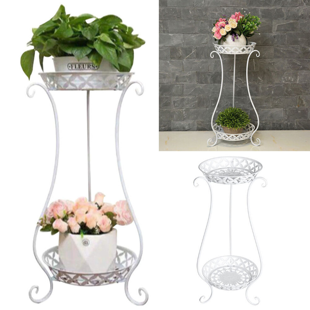 (White) 2 Tier Metal Iron Flower Plant Pot Display Stand Shelf