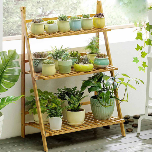 (Wood Color) 3 Tier Folding Plant Pot Stand Display Step Ladder Shelf