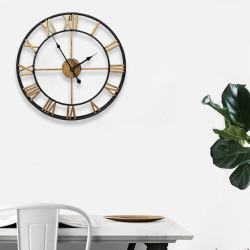 Living And Home 60CM Black Metal Quartz Round Roman Wall Clock