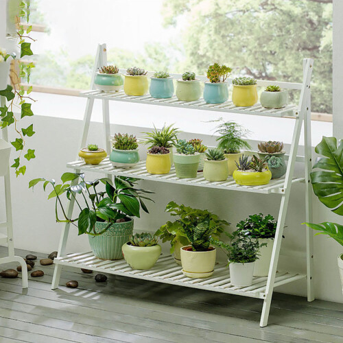 Living And Home (White) 3 Tier Folding Plant Pot Stand Display Step Ladder Shelf 1