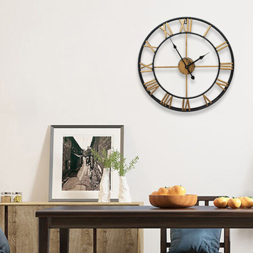 Living And Home 60CM Black Metal Quartz Round Roman Wall Clock 2