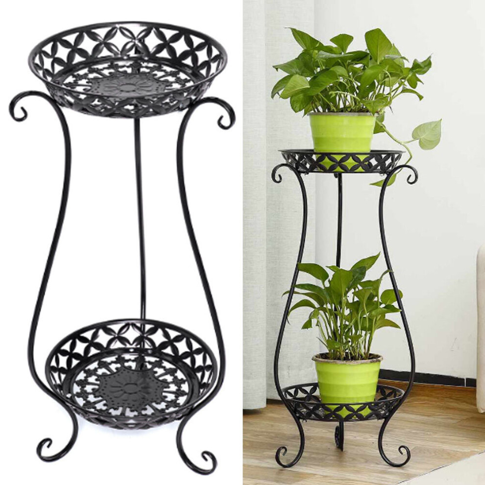 (Black) 2 Tier Metal Iron Flower Plant Pot Display Stand Shelf