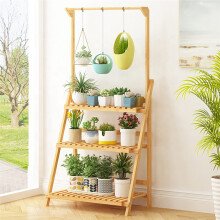 (Wood Color) 3 Tier Foldable Plant Stand Ladder Shelf with Hanging Bar