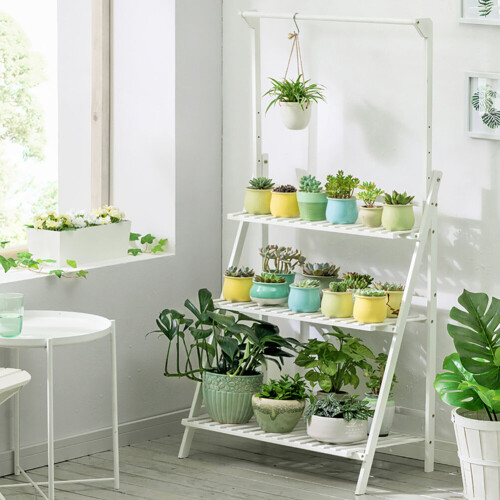 Living And Home (White) 3 Tier Foldable Plant Stand Ladder Shelf with Hanging Bar 1