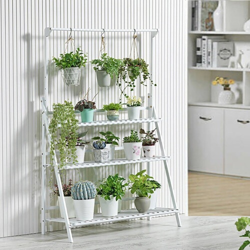 Living And Home (White) 3 Tier Foldable Plant Stand Ladder Shelf with Hanging Bar 2