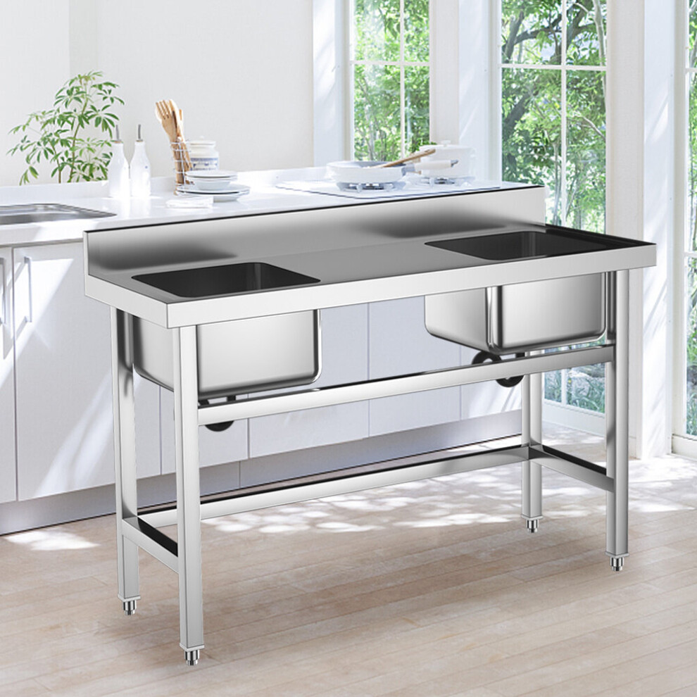2 Compartment Commercial Floorstanding Stainless Steel Kitchen Sink with Drinboard 130 cm