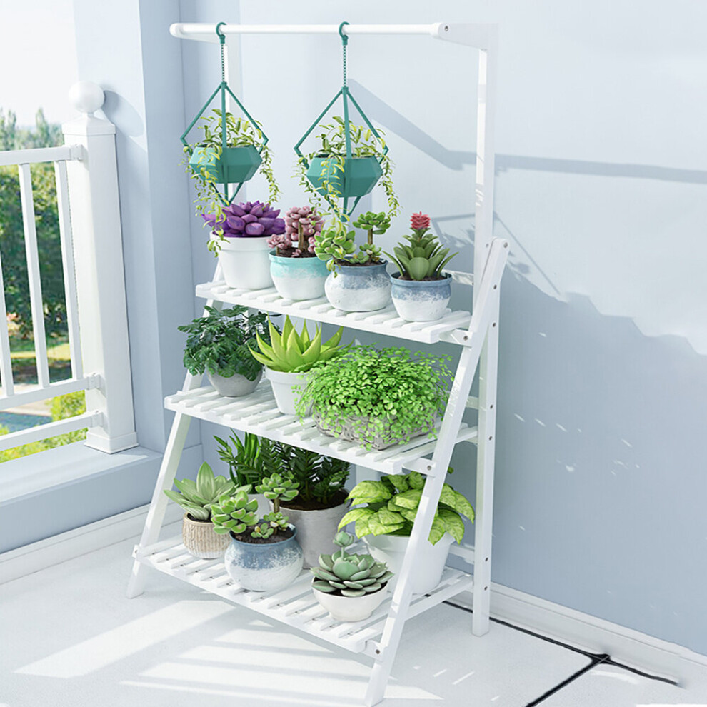 (White) 3 Tier Foldable Plant Stand Ladder Shelf with Hanging Bar