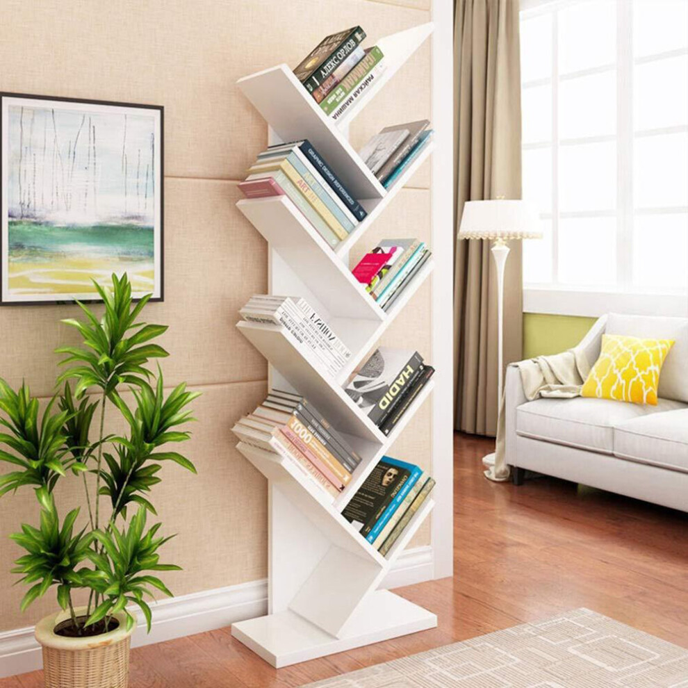 (White, 9 Tier) Freestanding Tree Bookshelf Wood Display Shelf Organiser