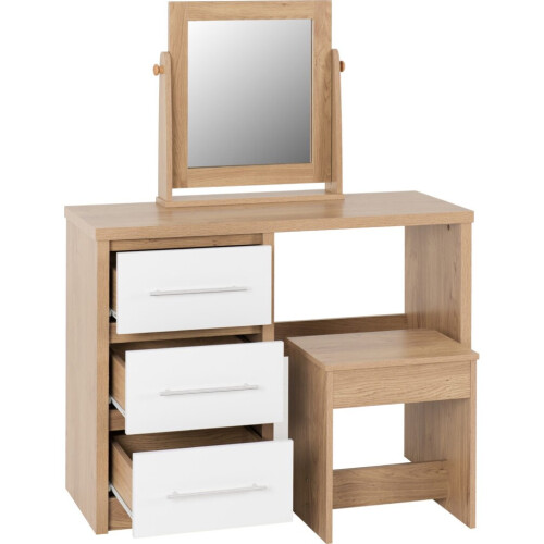 Seconique Seville 3 Drawer Dressing Table Set White High Gloss/Light Oak Effect Veneer