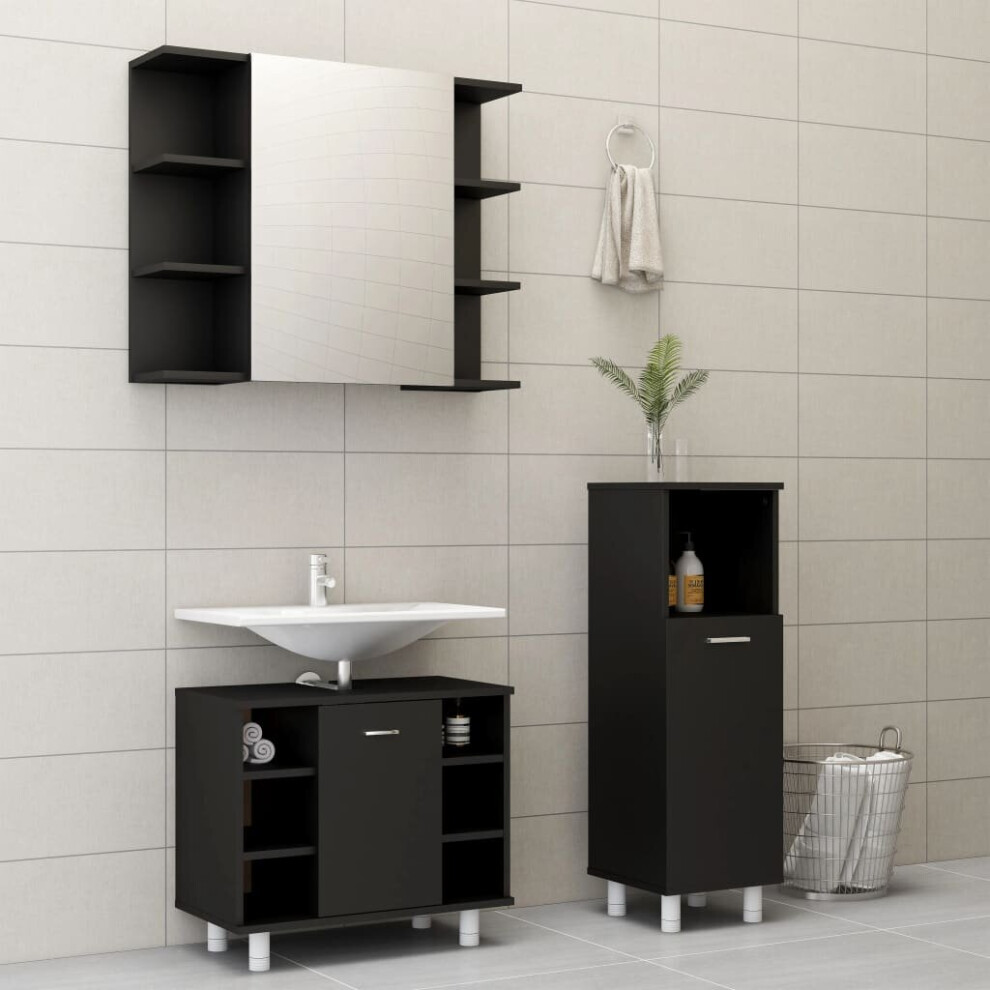 vidaXL Bathroom Furniture Set 3 Piece Black Engineered Wood Furniture Mirror