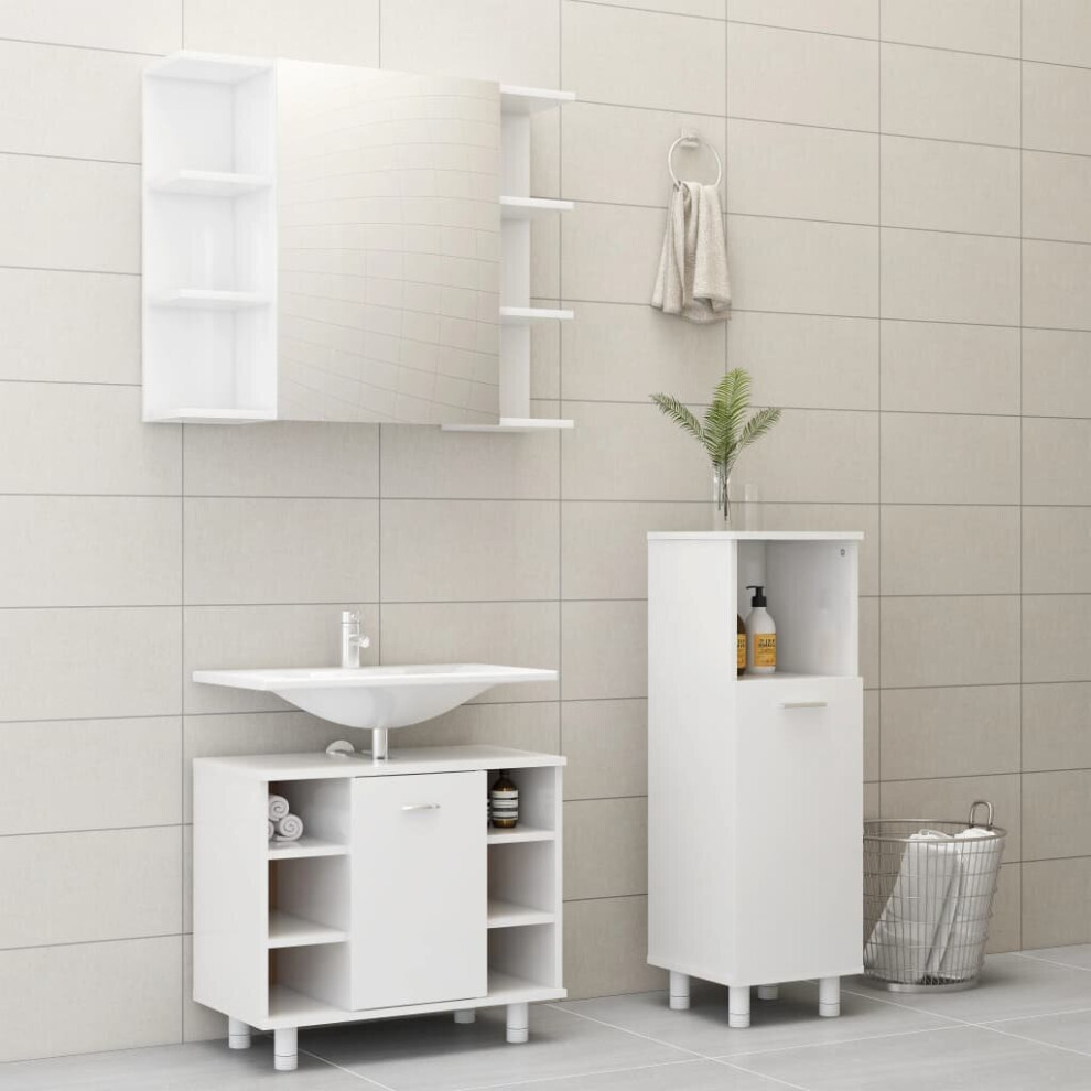 vidaXL Bathroom Furniture Set 3 Piece High Gloss White Chipboard Furniture