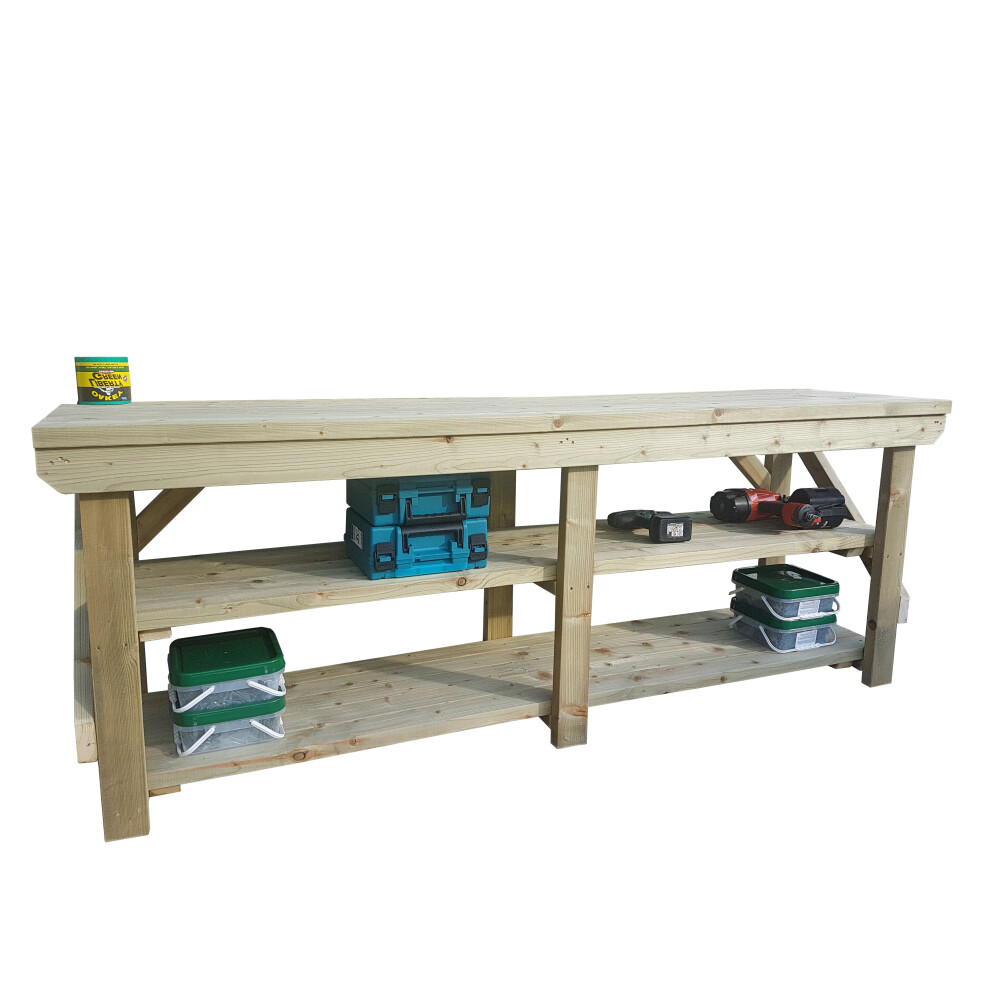 (8ft, Standard Legs) Wooden Workbench Indoor/Outdoor With Double Shelf