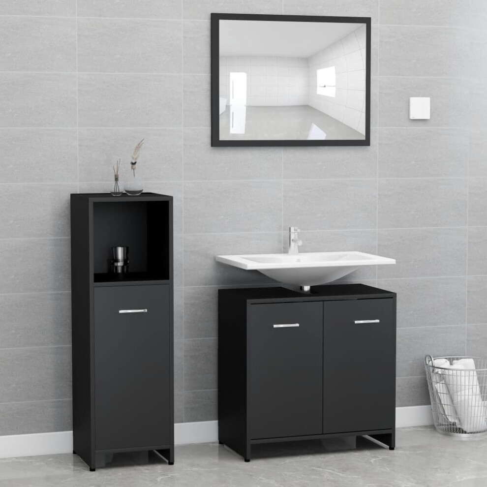 vidaXL Bathroom Furniture Set 3 Piece Black Engineered Wood Storage Cabinet