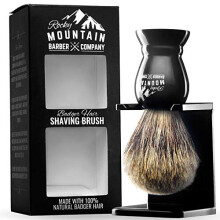 Shaving Brush with Stand - Rocky Mountain Barber Pure 100% Best Badger Hair Barber Grade with Black Heavy Duty All-Resin Handle and Oversized Bristle