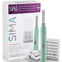 Spa Sciences SIMA Sonic Dermaplaning Tool-Professional & Painless 2 in 1 Facial Exfoliation & Peach Fuzz-Hair Removal System w/ 7 Weeks Treatment Incl