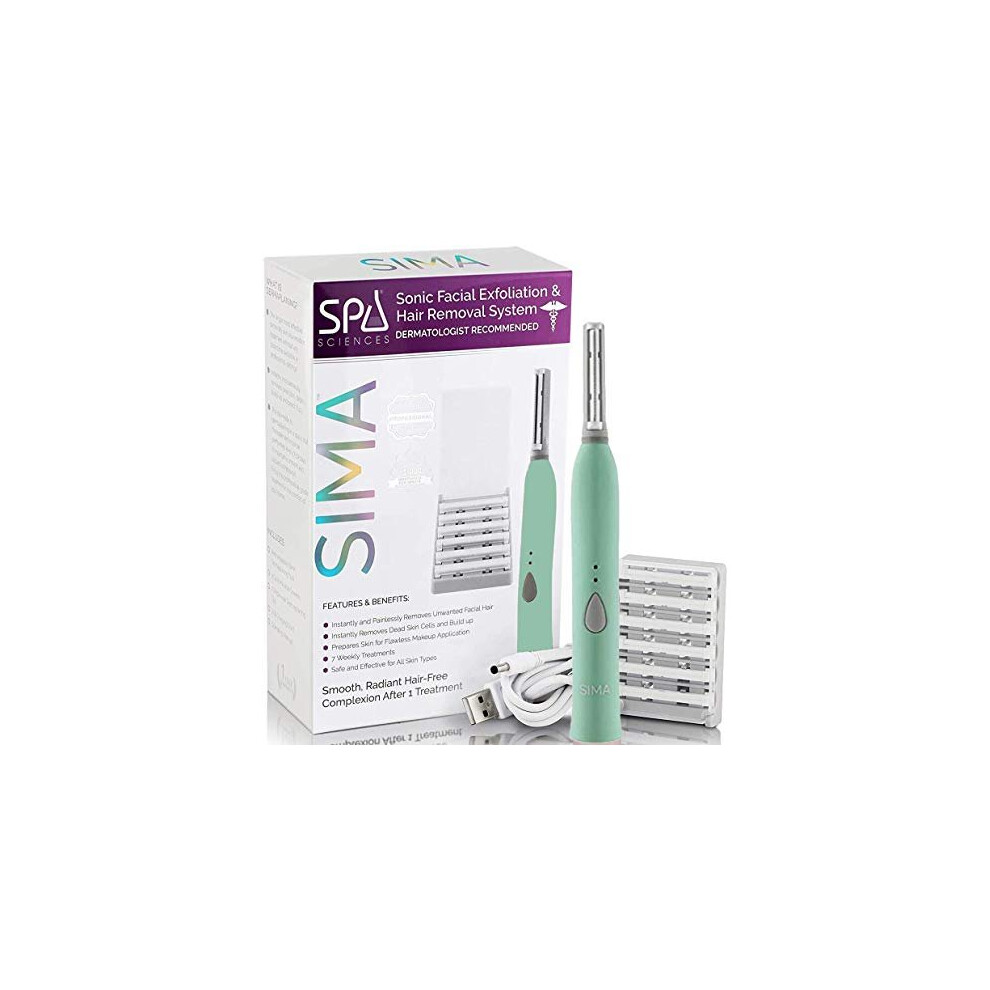 Spa Sciences SIMA Sonic Dermaplaning Tool-Professional & Painless 2 in 1 Facial Exfoliation & Peach Fuzz-Hair Removal System w/ 7 Weeks Treatment Incl