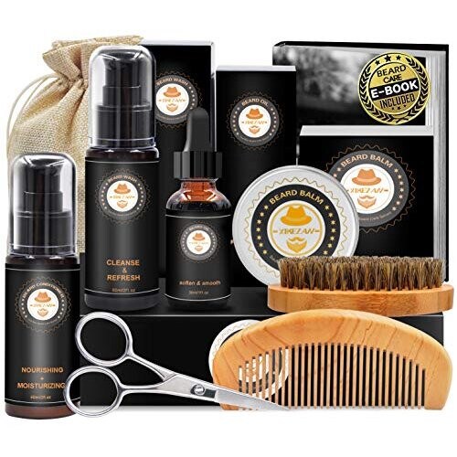 Upgraded Beard Grooming Kit w/Beard Conditioner,Beard Oil,Beard Balm,Beard Brush,Beard Shampoo/Wash,Beard Comb,Beard Scissors,Storage Bag,Beard E-Book