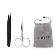 Ithyes Complete Tweezer Set 2 PCS Slant Tip Tweezer Stainless Steel Tweezers Eyebrow Trimmer Scissor for Shape Precision Ingrown Hair Nose Hair Blackh