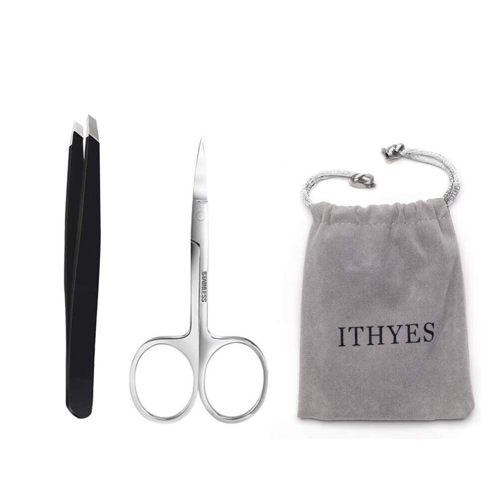 Ithyes Complete Tweezer Set 2 Pcs Slant Tip Tweezer Stainless Steel Tweezers Eyebrow Trimmer Scissor For Shape Precision Ingrown Hair Nose Hair Blackh