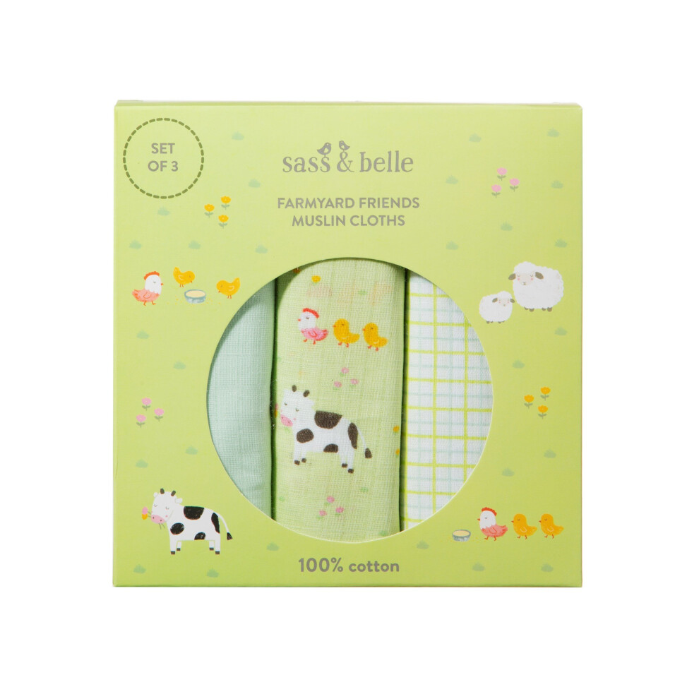 Sass & Belle Farmyard Friends Baby Green Large Muslin Cloths