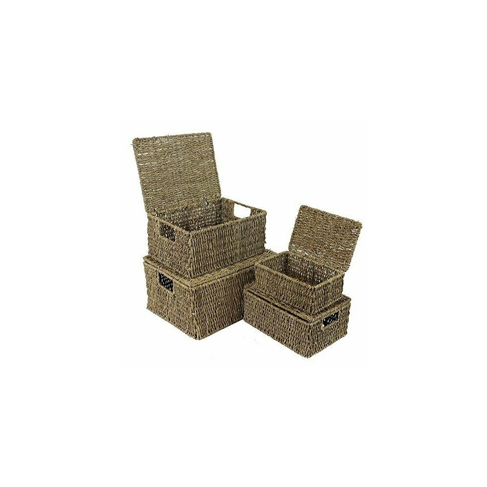 Natural Wicker Set Of 4 Baskets Seagrass Storage Hamper With Lids