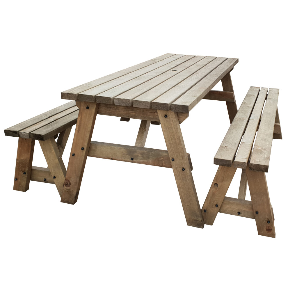 (7ft, Rustic Brown) Picnic Table and Bench Set Wooden Outdoor Garden Furniture, Victoria Heavy Duty