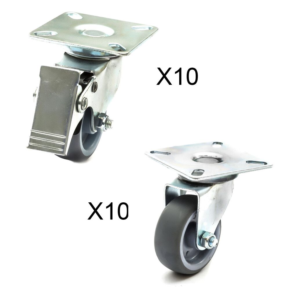 (10 Braked + 10 Unbraked) 50Mm Steel Braked Unbraked Swivel Castors 100Kg 5055583093814