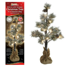 Christmas Snowy Flocked PreLit 25LED Snow Tree Pine Cones Hessian 60cm