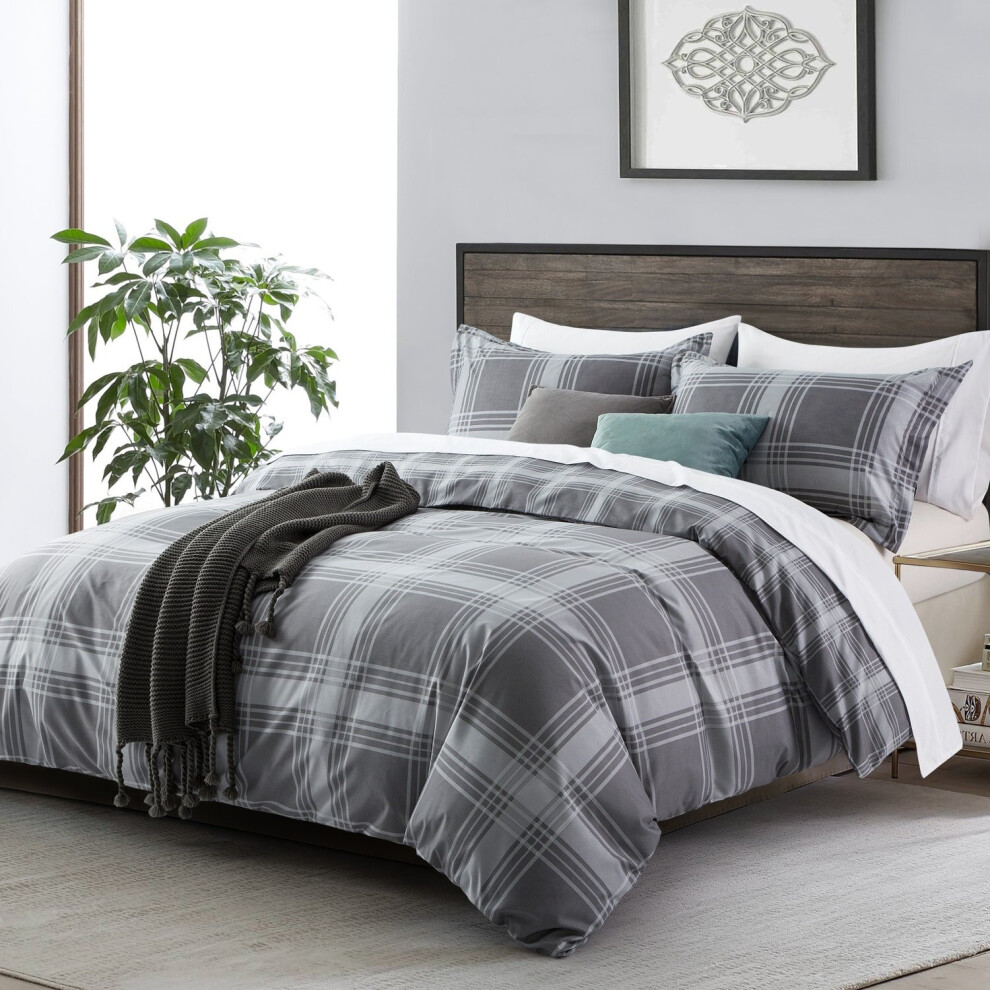 (Super King) Printed Duvet Cover Grey Check Quilt Soft Luxury