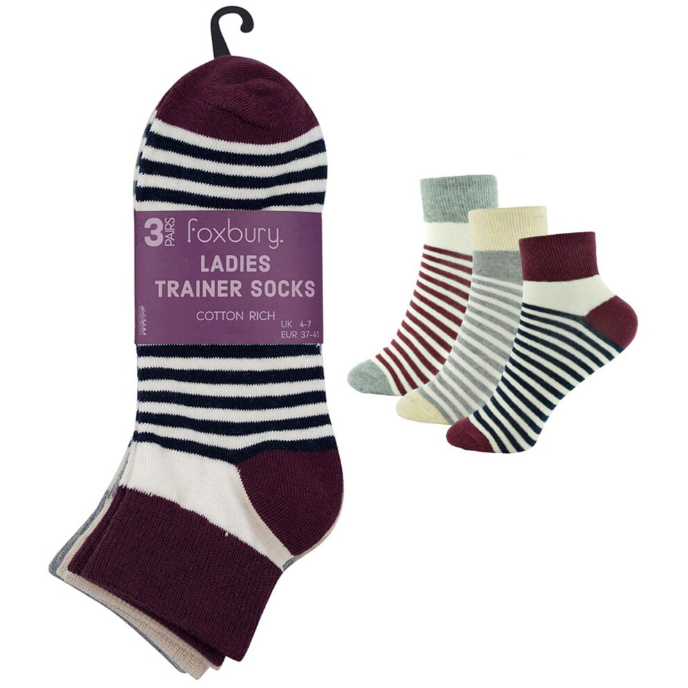 (Grey / Burgundy, 6 Pack) Womens Ankle Socks Ladies Girls Striped Cotton Rich Trainer Sock 3 & 6 Pairs 4-7