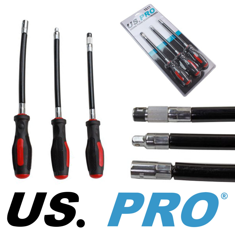 US PRO Tools 3 Piece 300mm Flexi Screwdrivers - Flexible Screwdriver Set 1617