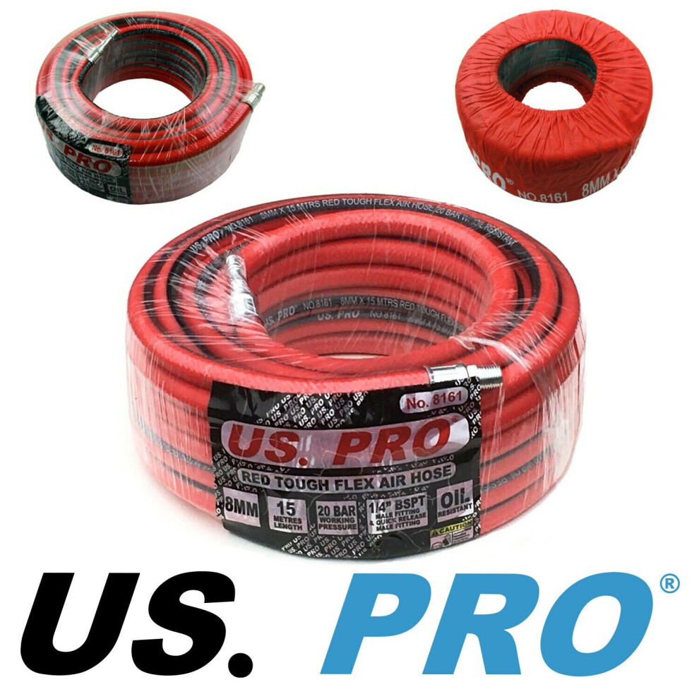 COMPRESSED AIR LINE HOSE by US PRO TOOLS 15m x 8mm Tough & Flexible 1/4" Ends