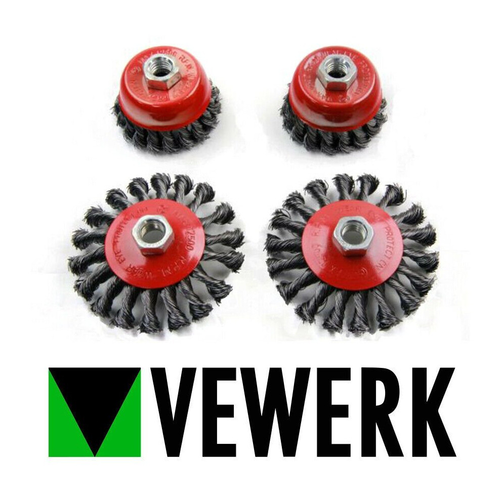 VEWERK 4pc Twist Knot Semi Flat Wire Wheel Cup Brush Set Kit To Fit 115mm 2130