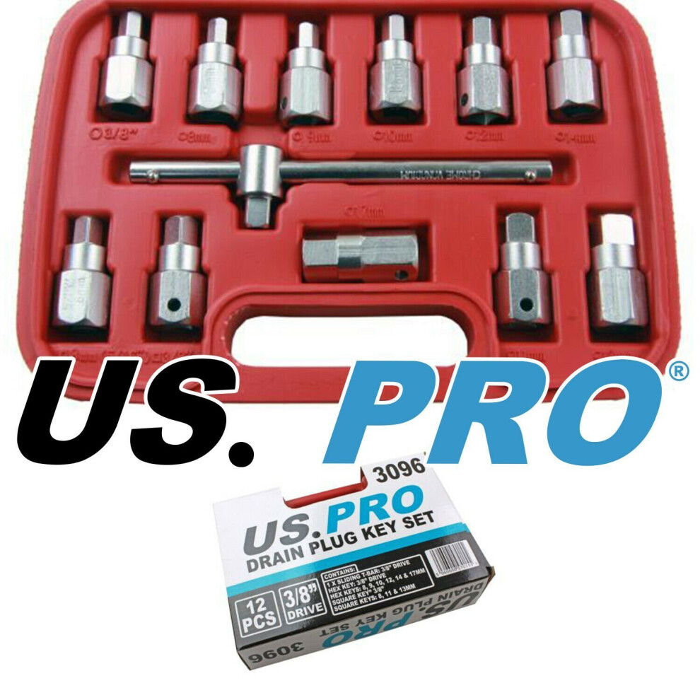 Us Pro 12Pc 3/8In Drain Plug Key Socket Set 3096 - Sump, Axle & Oil Spanner Drive Kit